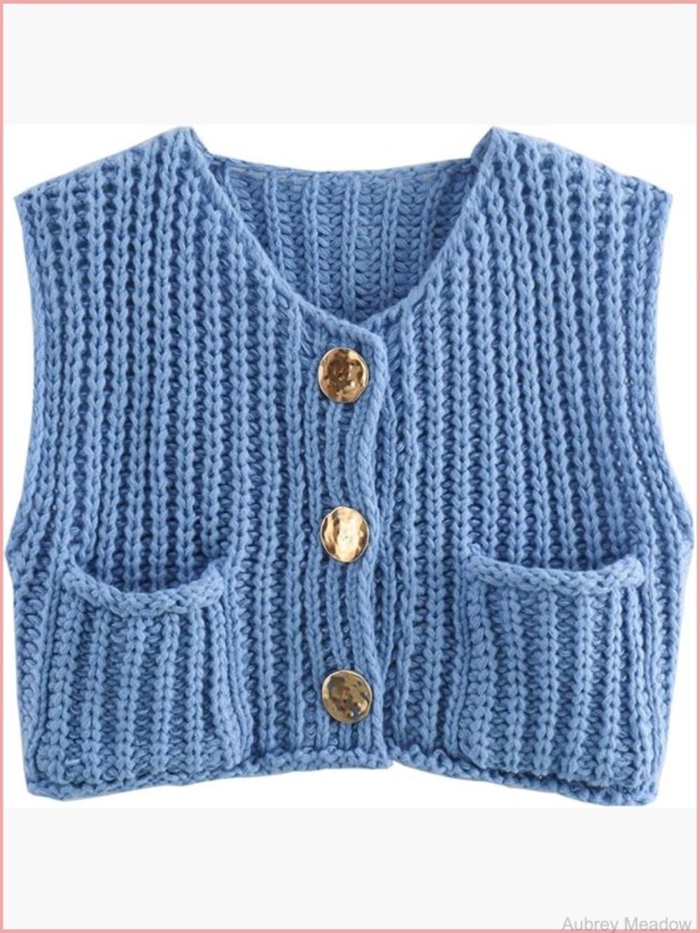 Cropped Sweater Vest Crewneck Button Down Sleeveless Knit Cardigan with Pocket
